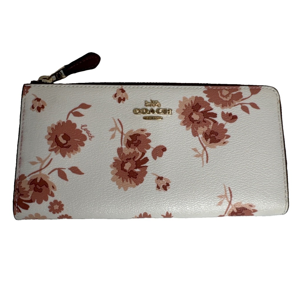 Coach Accordion Zip Wallet Flower Print 7.5 X 4" Daisy Pink White Card Holder